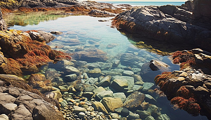 Rocky shores adorned with tide pools and sea life.