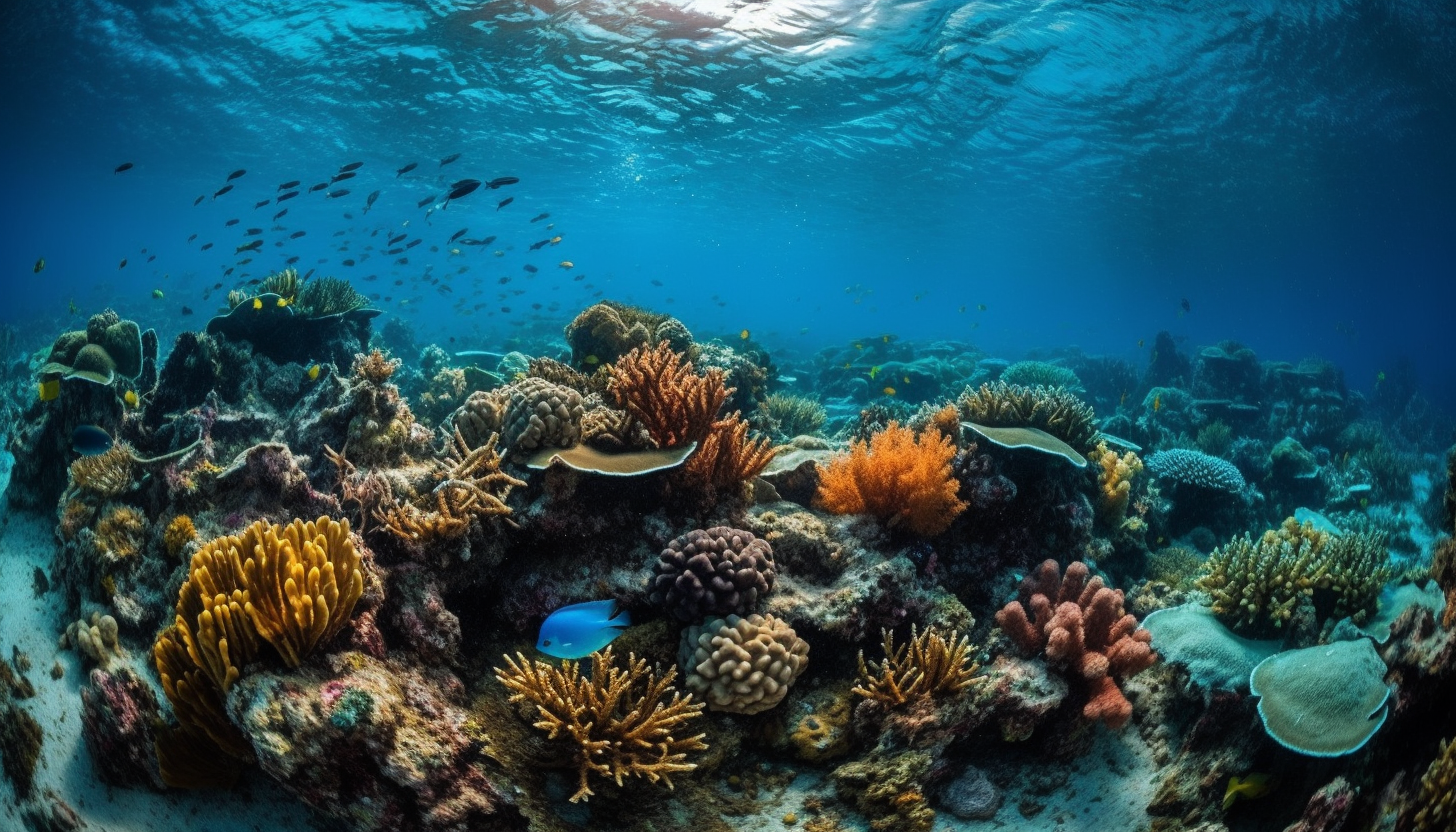 Underwater scenes featuring vibrant coral reefs and diverse marine life.