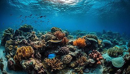 Underwater scenes featuring vibrant coral reefs and diverse marine life.