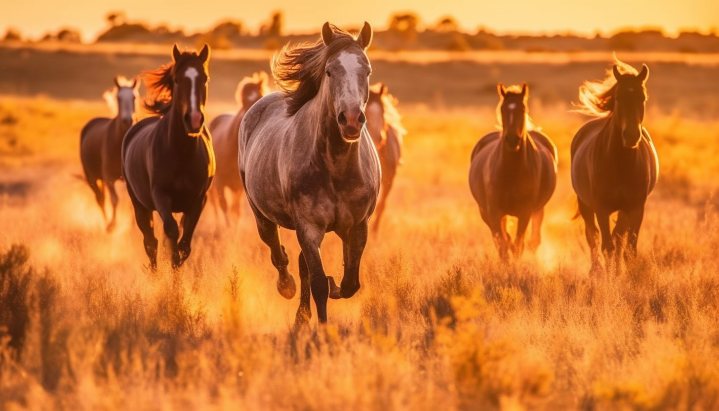 Wild horses galloping across an open prairie.