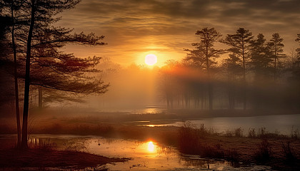 Sun peeking through a dense morning fog.