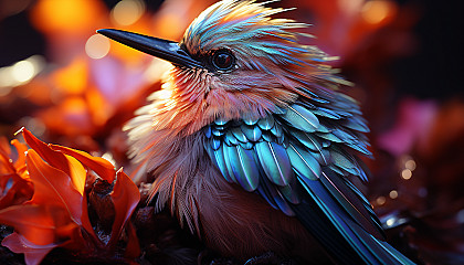A macro image of a hummingbird's iridescent feathers in sunlight.