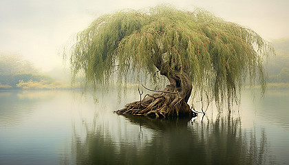 A graceful willow tree leaning over a tranquil pond.