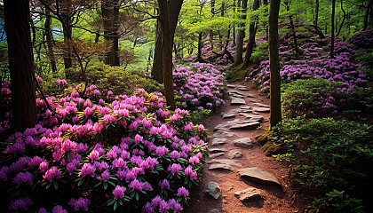 A winding path through dense, vibrant rhododendron bushes.