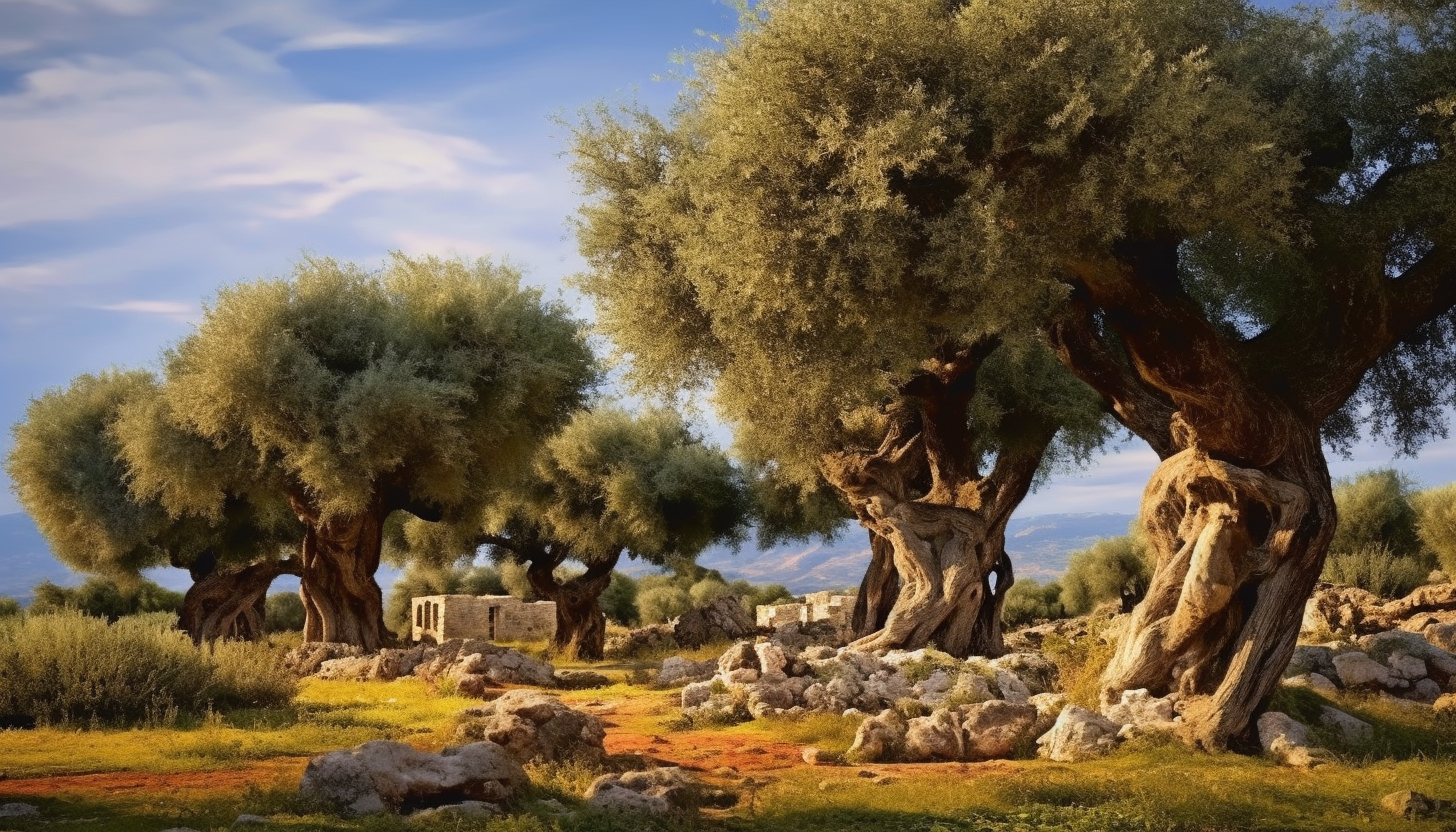 A grove of ancient olive trees under a Mediterranean sky.