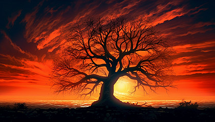 The silhouette of a single tree against a fiery sunset.