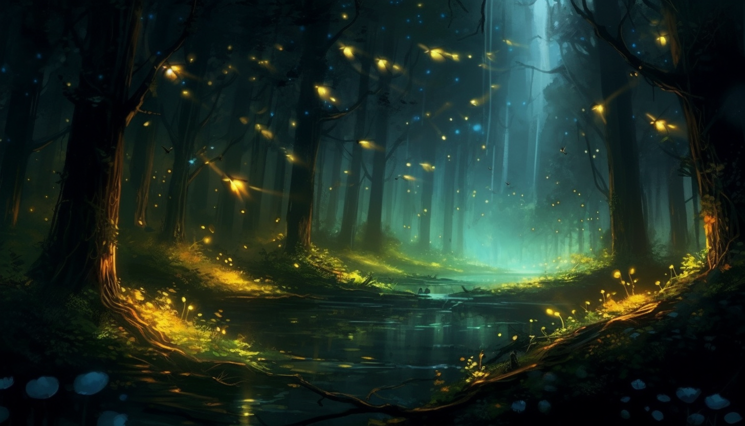 Fireflies illuminating a dark forest with their gentle glow.