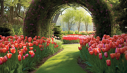 An arch of brilliantly colored tulips swaying in a gentle breeze.