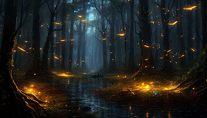 A cluster of fireflies illuminating a dark forest with their gentle glow.