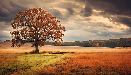 A solitary tree changing colors in the midst of an open field.