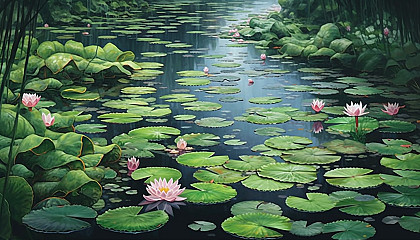 A tranquil pond filled with blooming water lilies and floating leaves.