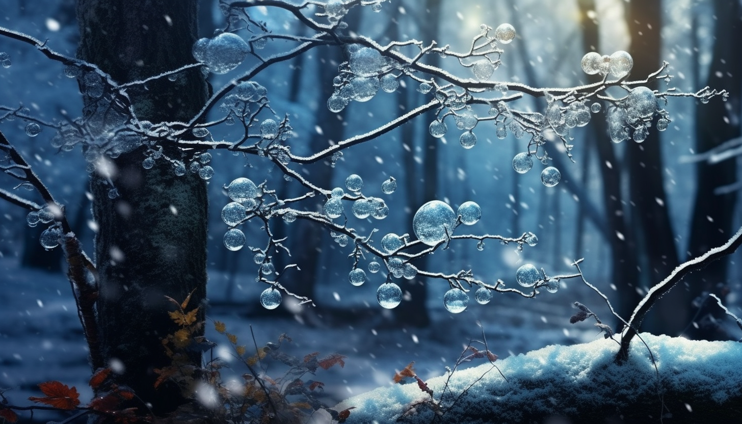 Snowflakes delicately perched on a branch, transforming the forest into a winter wonderland.