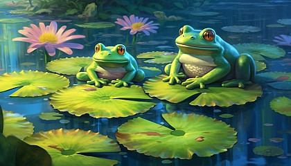 Frogs lounging on lily pads in a tranquil pond.