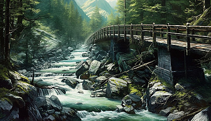 A narrow, rickety bridge crossing a fast-flowing mountain stream.