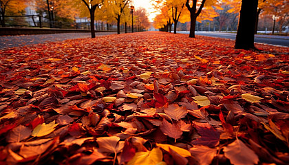 Brilliantly colored leaves carpeting the ground in autumn.