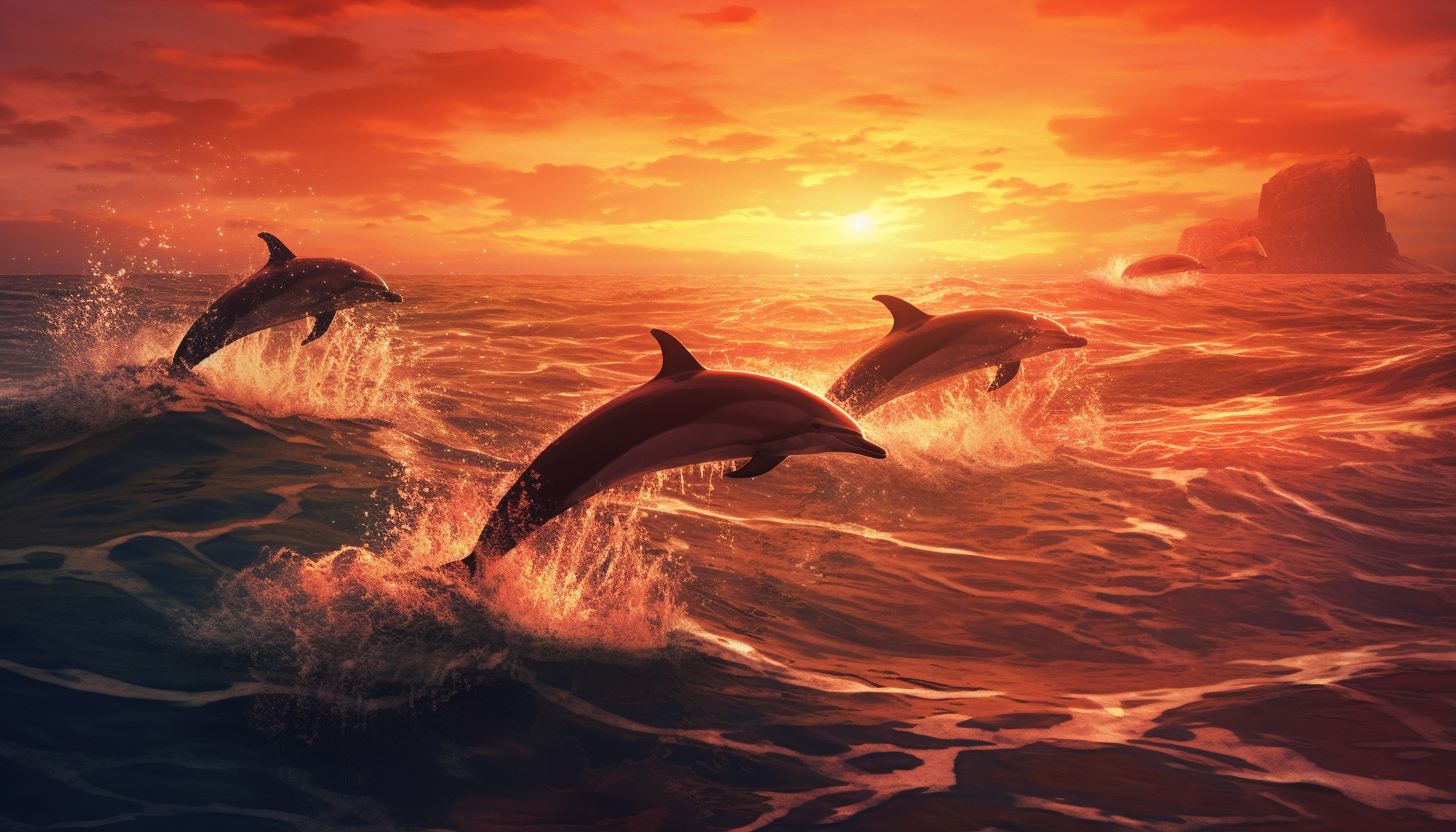 A pod of dolphins leaping in unison against a sunset horizon.