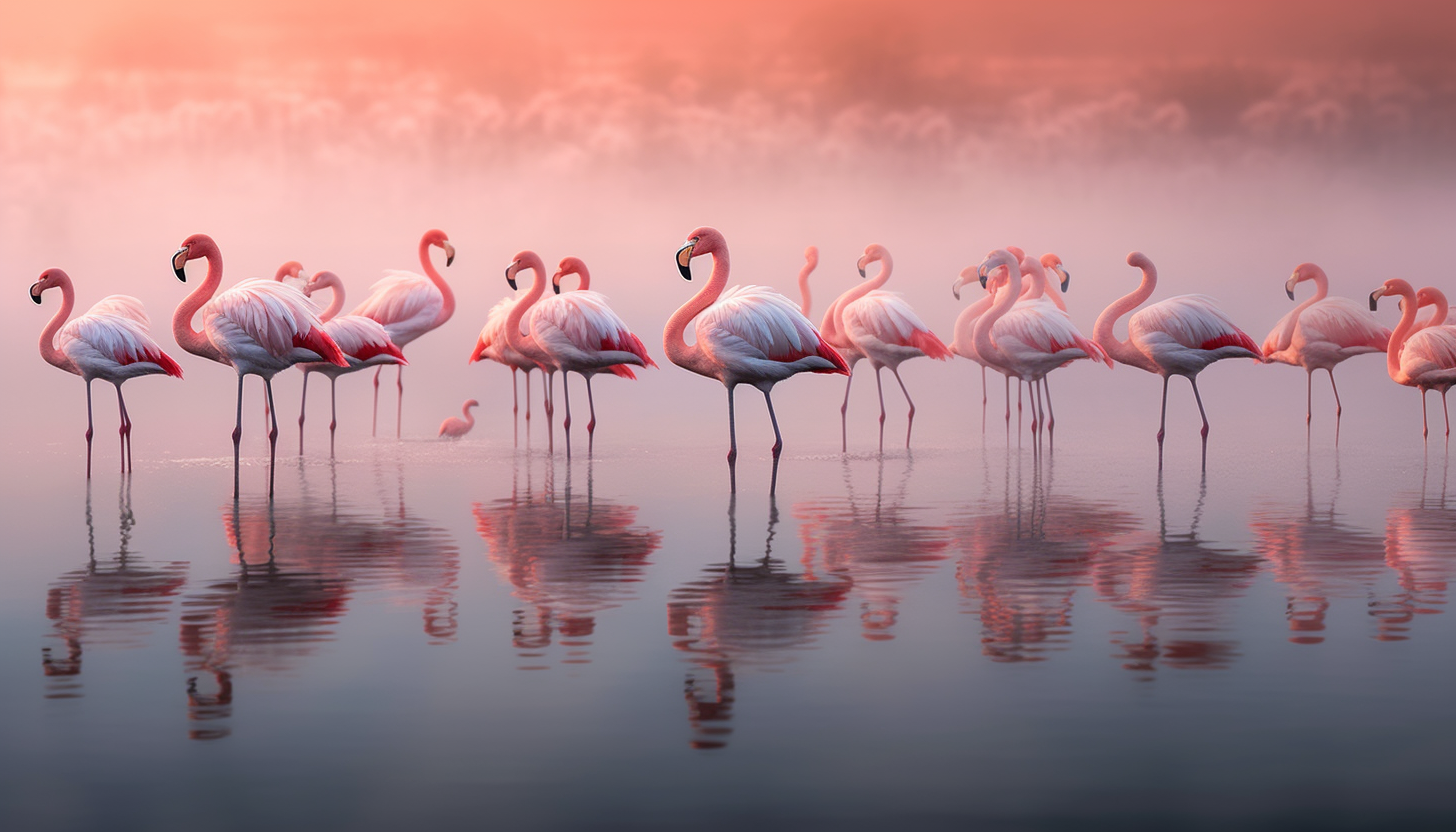 A vibrant flock of flamingos beside a tranquil lake.