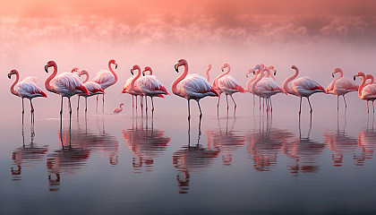 A vibrant flock of flamingos beside a tranquil lake.