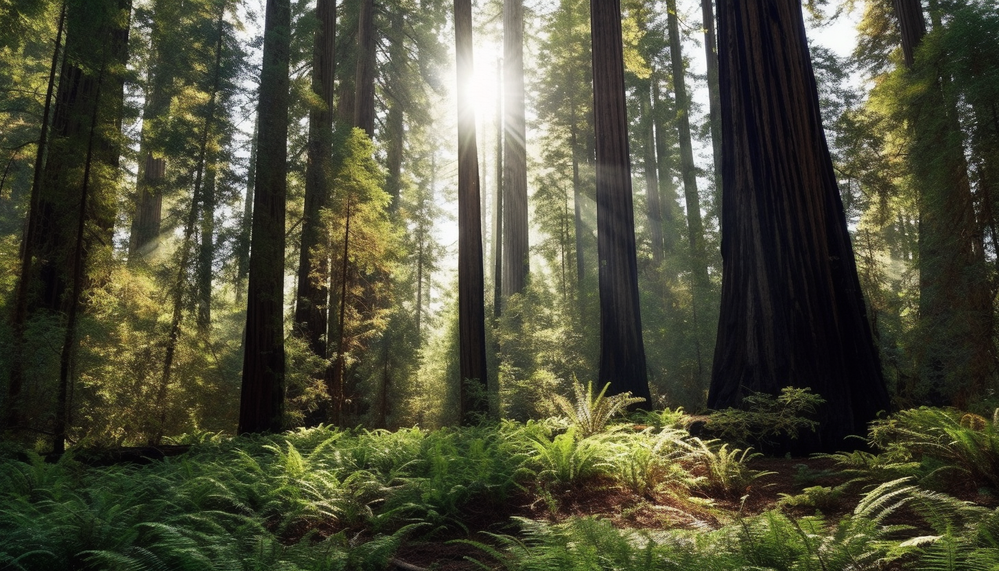 Majestic redwood trees towering in a sun-dappled forest.