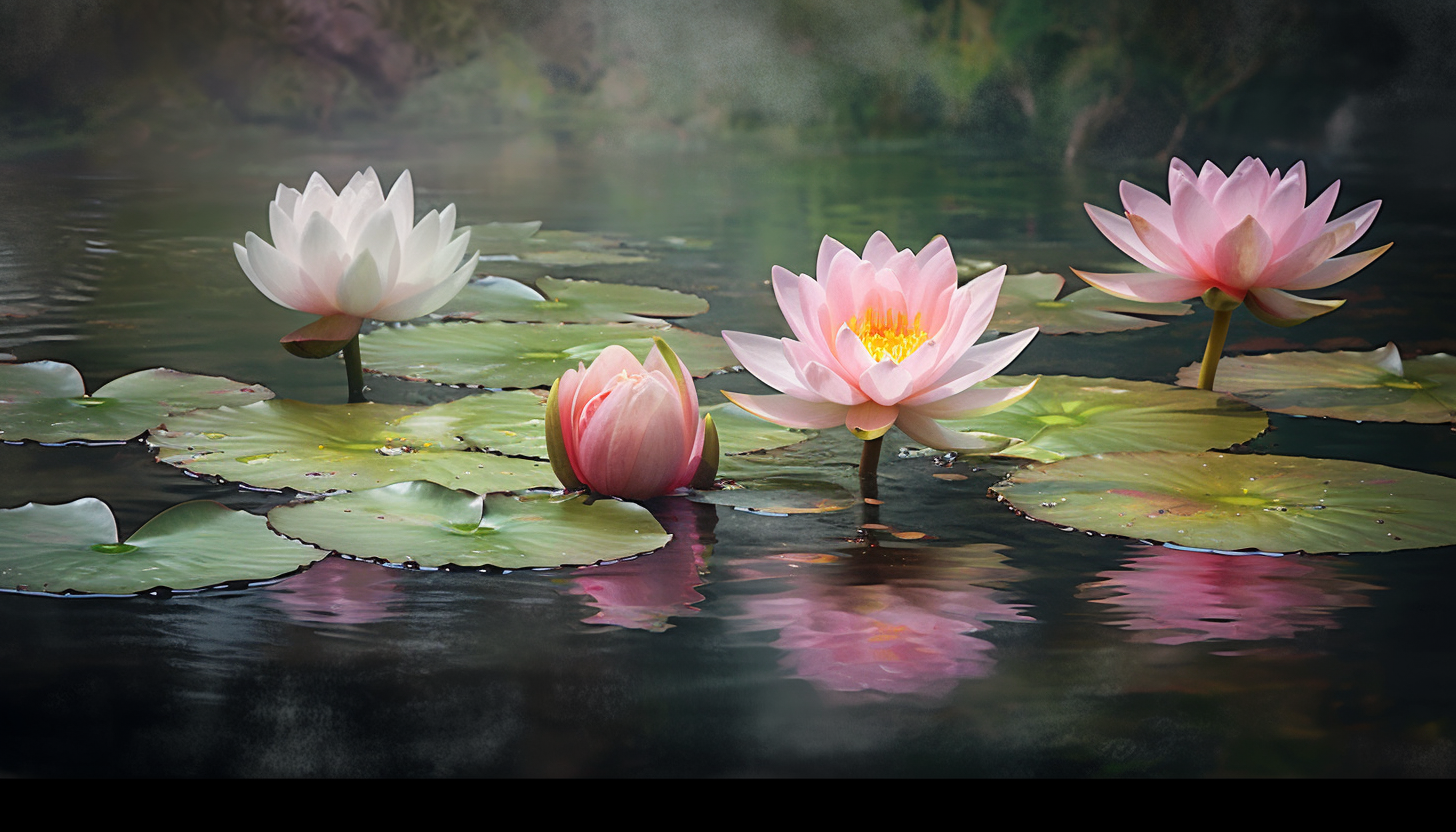 Exotic lotus flowers floating peacefully on a lily pond.