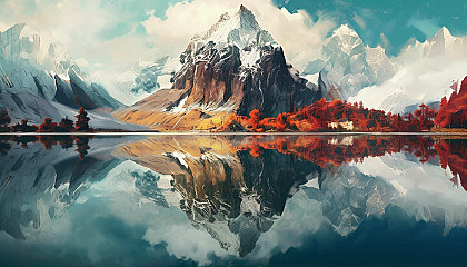 Reflection of a mountain range on the mirror-like surface of a lake.