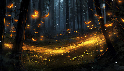 Fireflies illuminating a warm summer night in the forest.