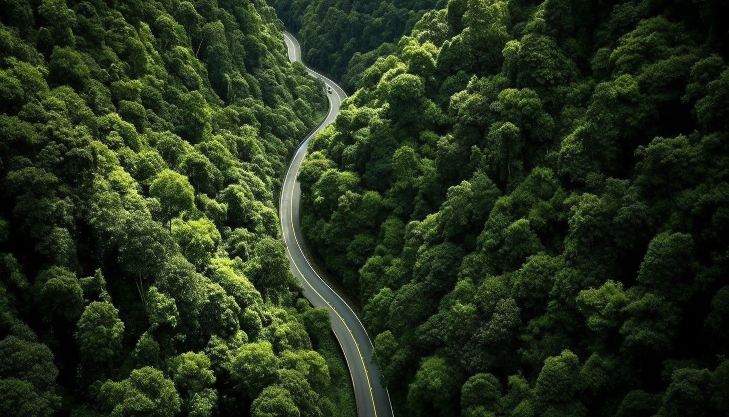 A long winding road through a dense forest.