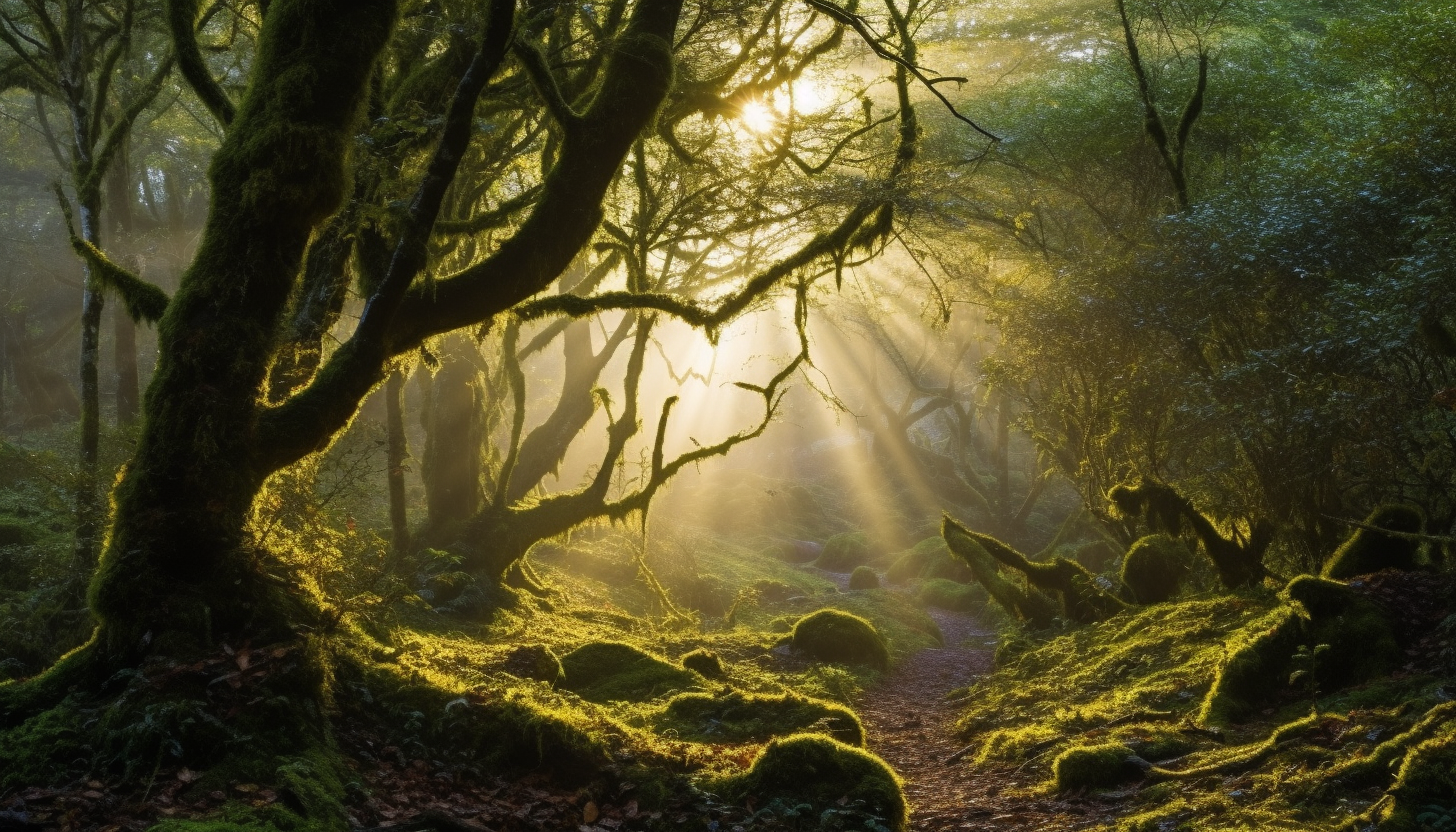 Misty, moss-covered forest in early morning light.