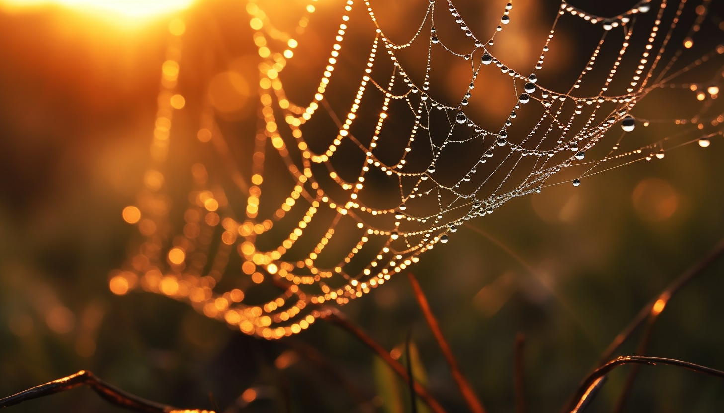 An intricate spider's web glistening with morning dew.