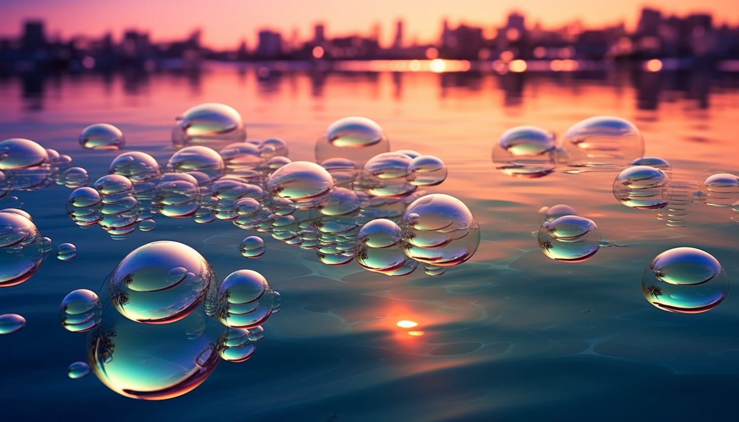 Iridescent bubbles floating over a calm lake.