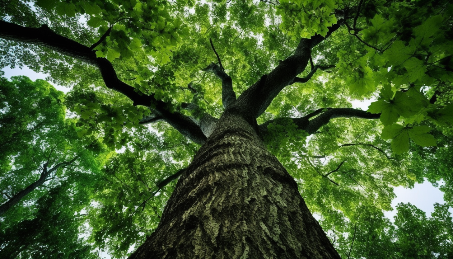 A squirrel's eye view of a towering oak tree.