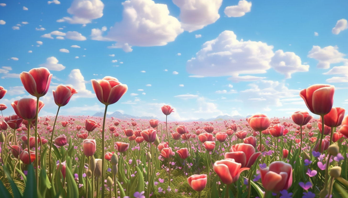 A field of tulips swaying under a breezy sky.