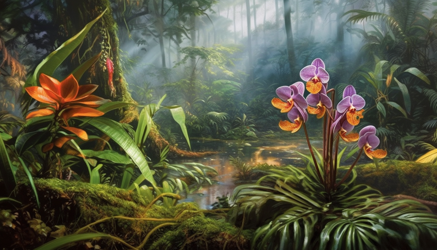 A rare orchid blooming in a dense, tropical jungle.