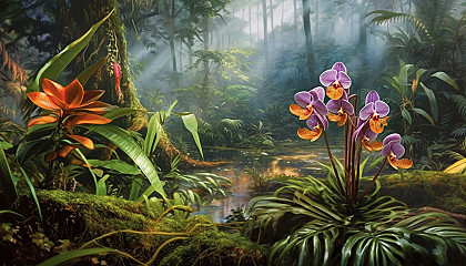 A rare orchid blooming in a dense, tropical jungle.