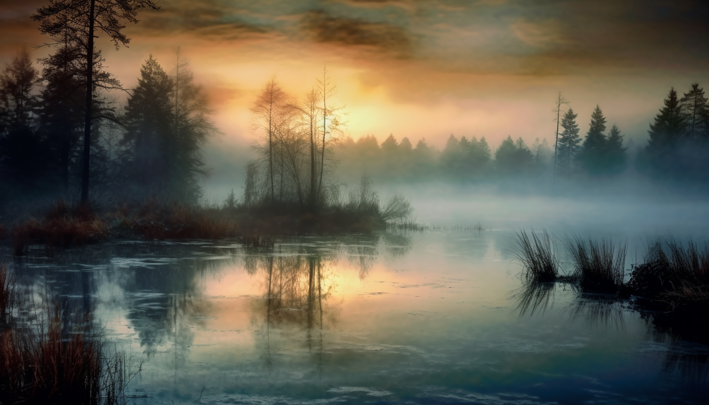 Mist rising off a serene lake at dawn.