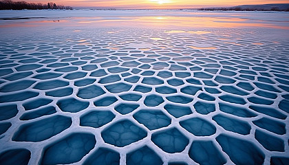 Ice patterns forming on the surface of a frozen lake.