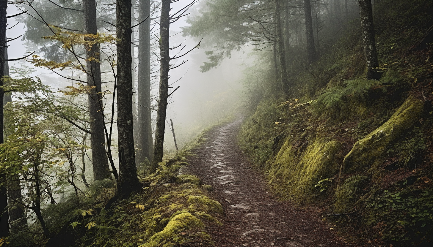 A winding path disappearing into a forest shrouded in fog.