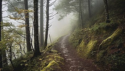 A winding path disappearing into a forest shrouded in fog.