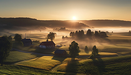 Morning mist rolling over peaceful farmlands.