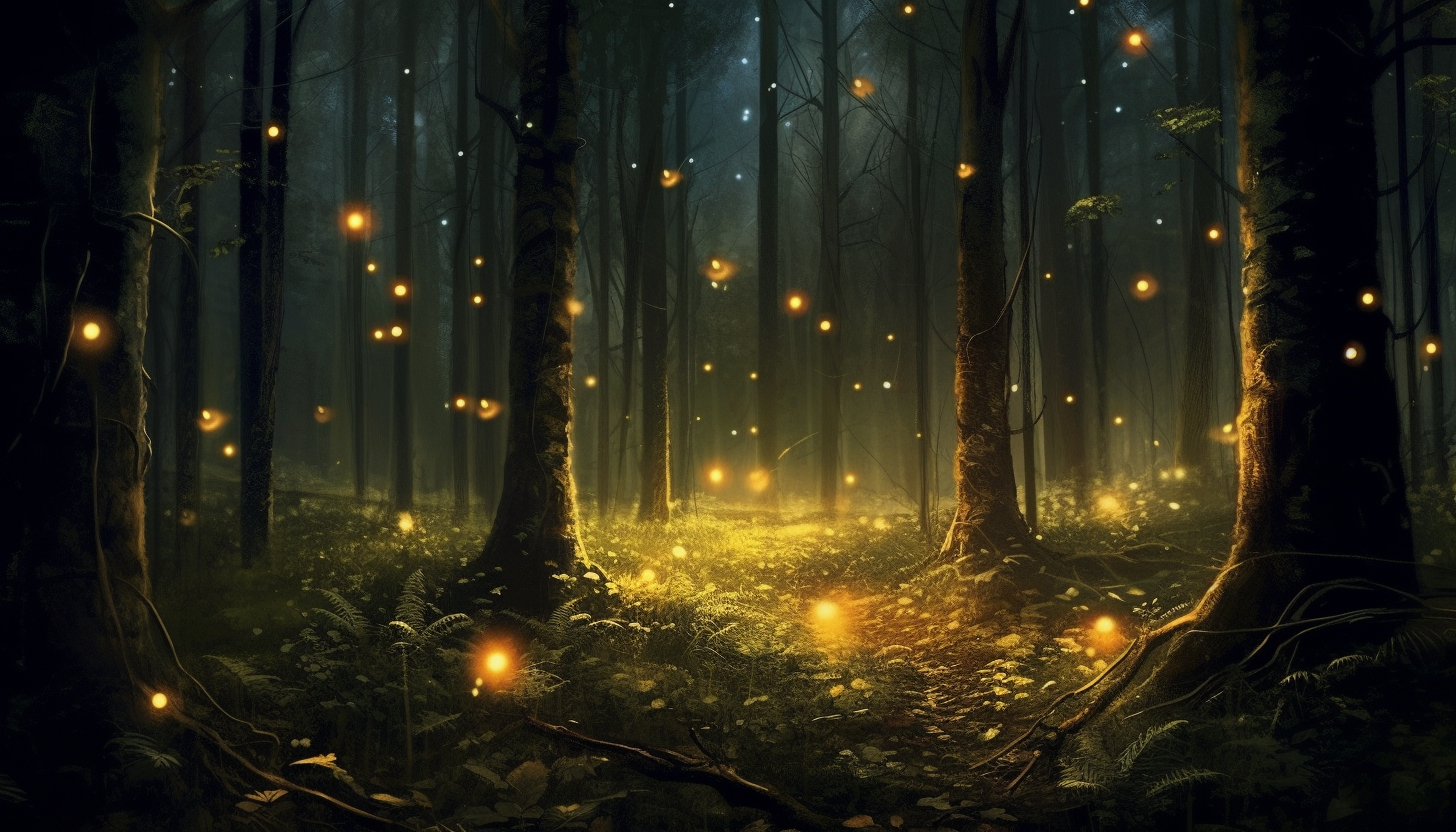 Fireflies twinkling at dusk in a quiet forest.