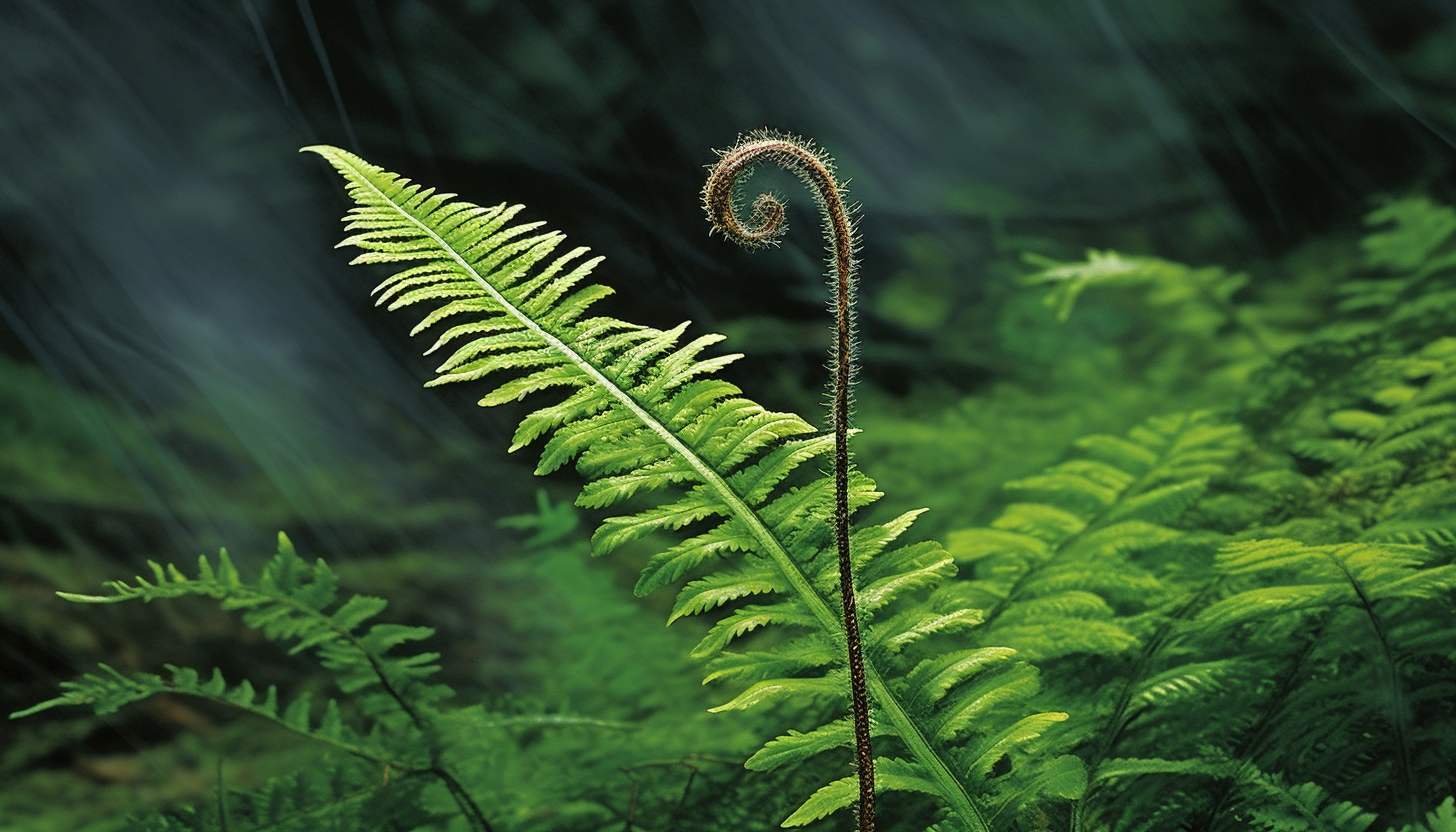 A delicate fern unrolling a young frond in a forest.