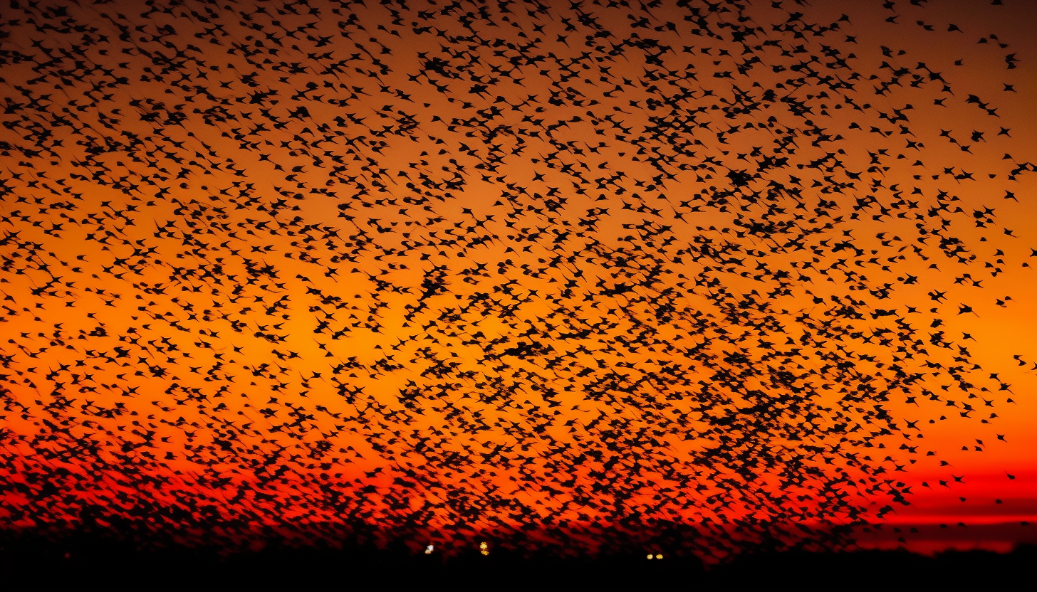 A murmuration of starlings creating patterns in the evening sky.