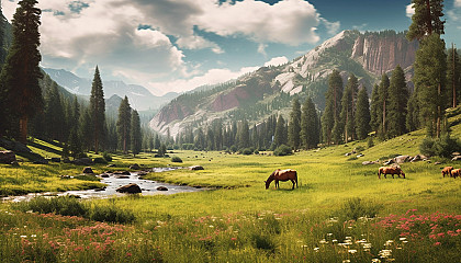 Wild horses grazing on a lush mountain meadow.
