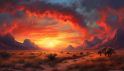 Fiery skies at sunset over a tranquil desert.