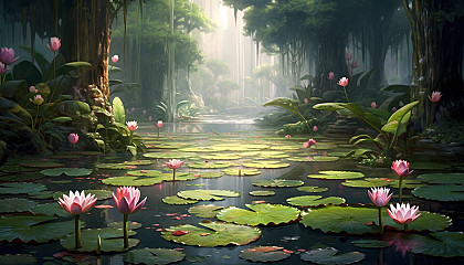 A tranquil pond filled with water lilies and lotus flowers.