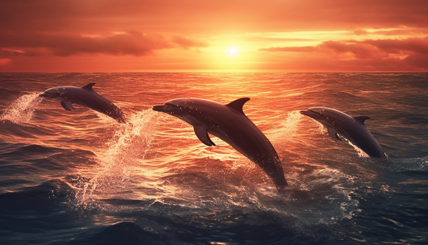 A pod of dolphins leaping from the ocean at sunset.