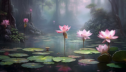 Dew-kissed lotus flowers in a tranquil pond.