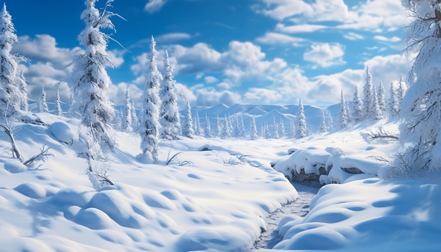 A pristine snowscape, untouched and serene under the winter sun.