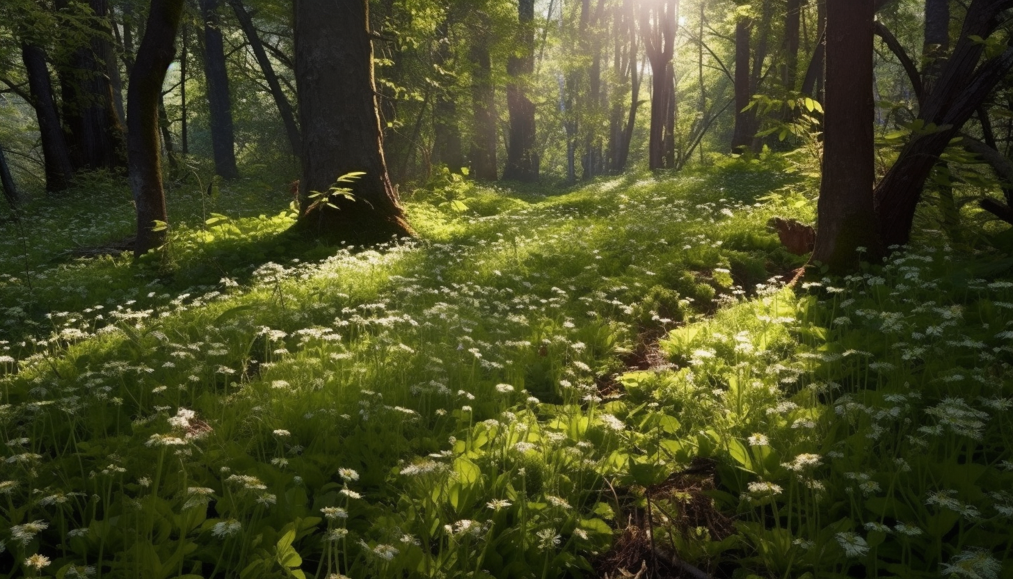 Sun-dappled forest floor carpeted with wildflowers.