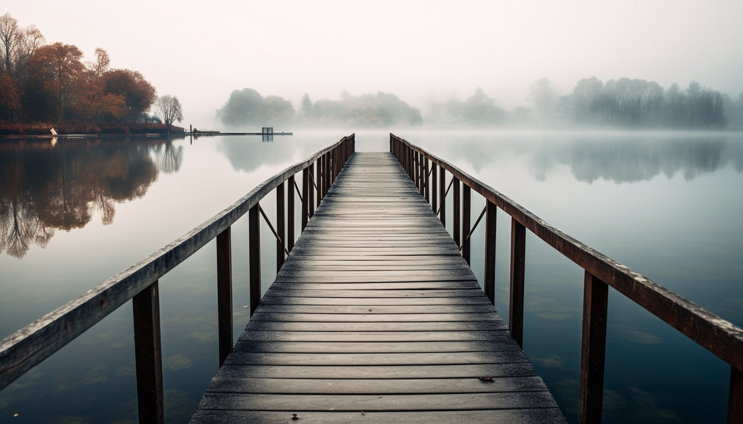 A long, narrow jetty extending out into a serene lake.